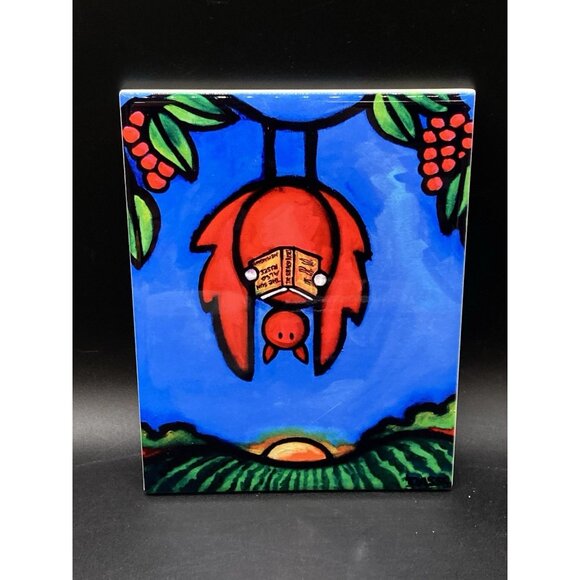 Signed Tile By Noelle Dass Bat Reading Hemingway If the Sun Also Rises Ceramic - Picture 2 of 7
